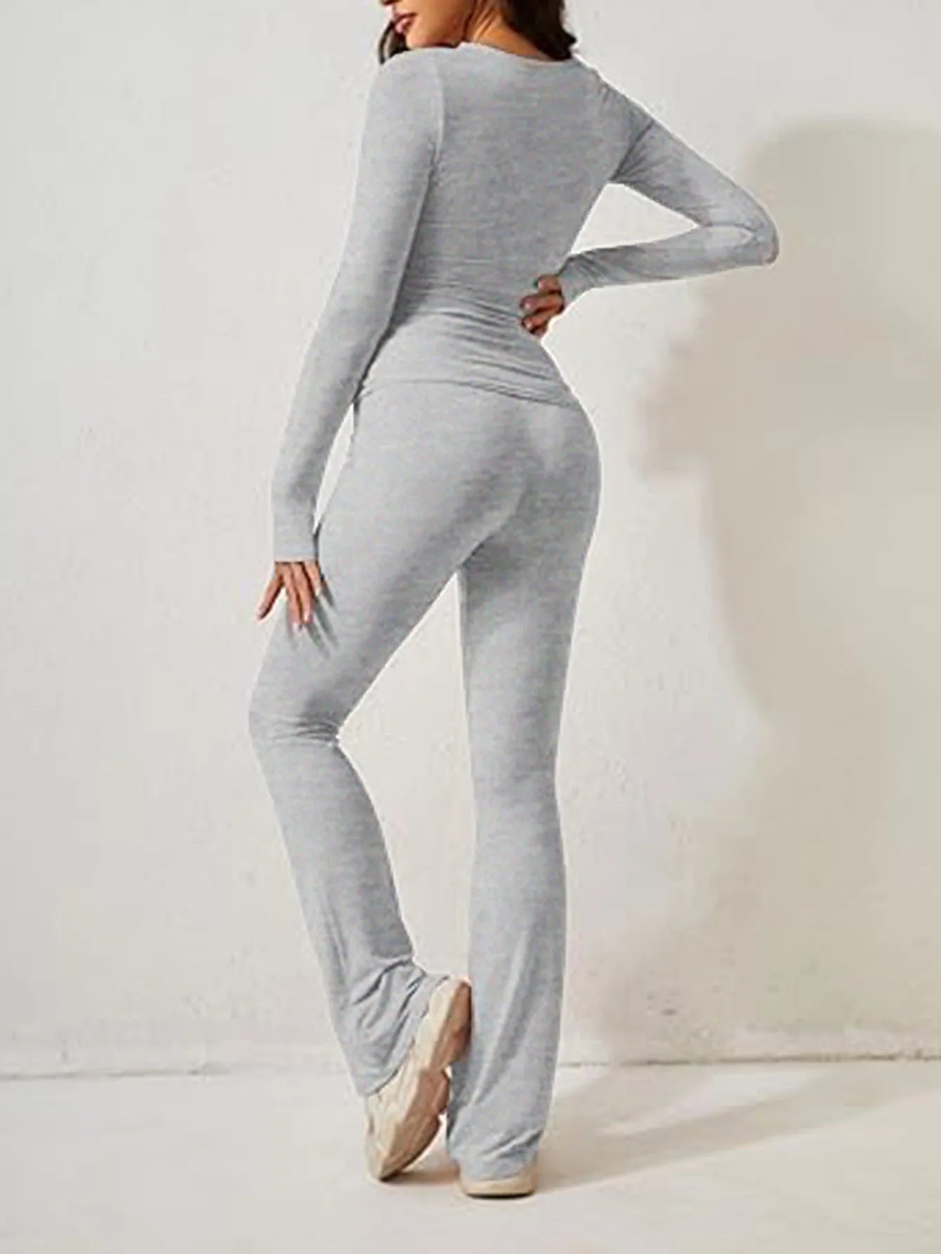 Women’s Casual Long Sleeve Knitted Pants Set Pure Color Slim Fit Spring Summer Fashionable Commute Style Ladies Suit