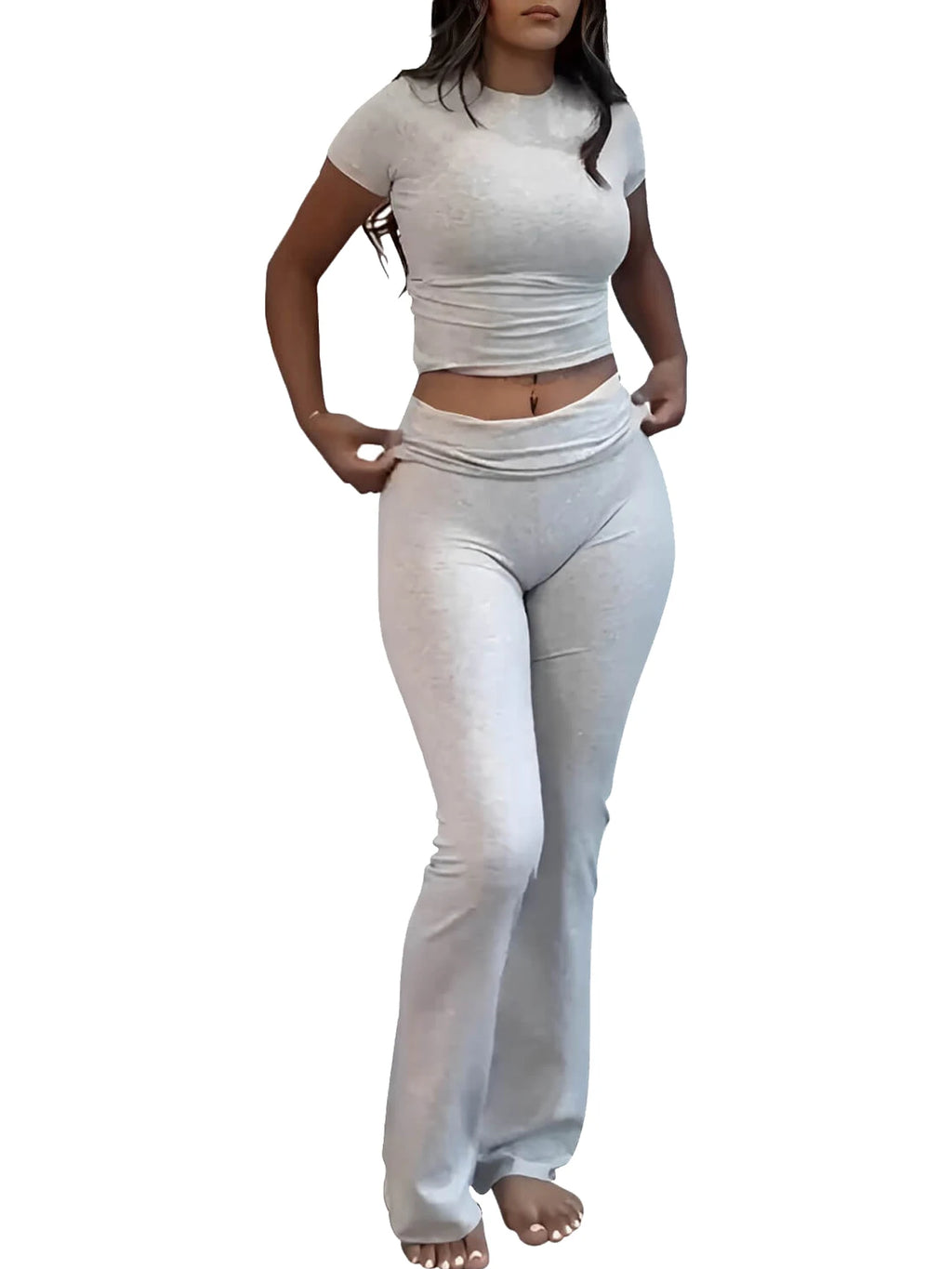 Womens Two-Piece Yoga Set, Short-Sleeved Top, Flared Pants