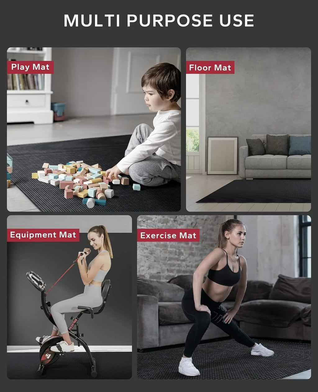 Large Home Gym Mat, 8mm Thick High Density PVC Non Slip, Shock Absorbing Fitness Flooring with Bands and Bag