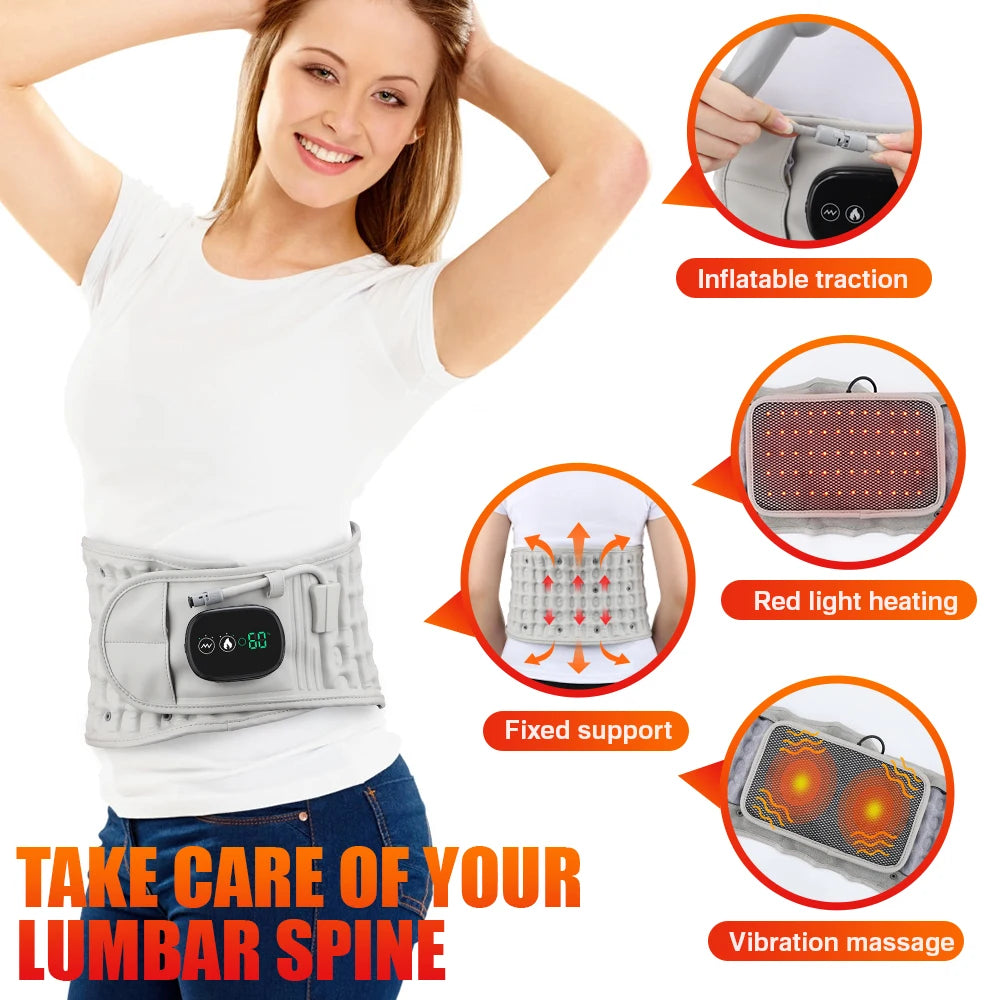 Inflatable Heating Massage Waist Belt Red Light Therapy Lumbar Support with Air Traction 5000mAh Rechargeable Design