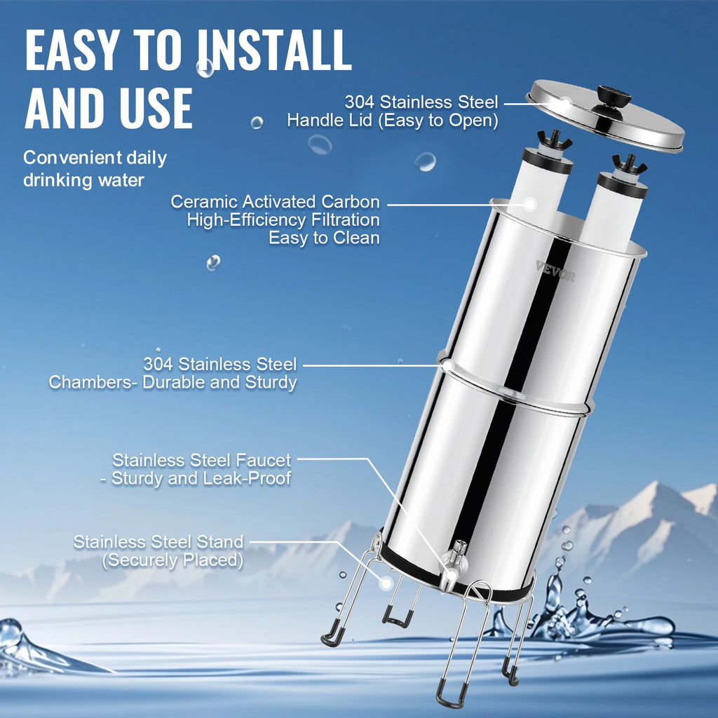 Gravity‑Fed Water Filter System 2.25G 304 Stainless Steel Countertop Water Filtration System with 2 Carbon Filters