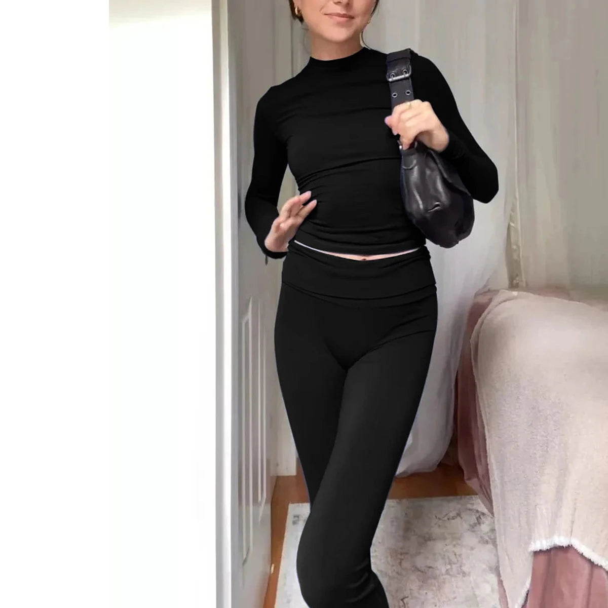 Women’s 2 Piece Lounge Set Fold Over Flare Pants and Cropped Top Slim Fit Casual Pajama Outfit