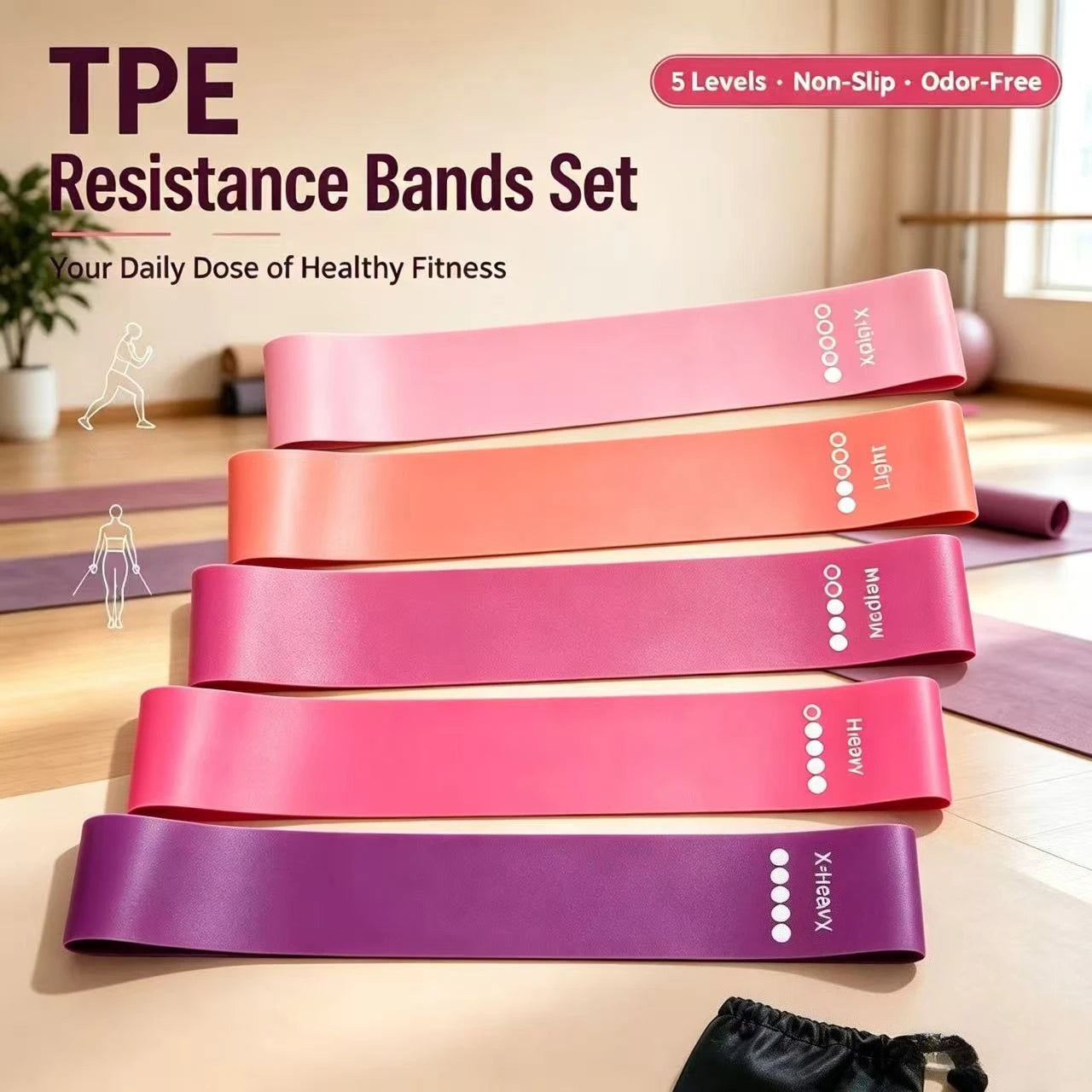 Resistance Bands Set Home Workout Essential Full‑Body Training Portable Fitness Bands with 5 Levels Carry Bag and Workout Guide