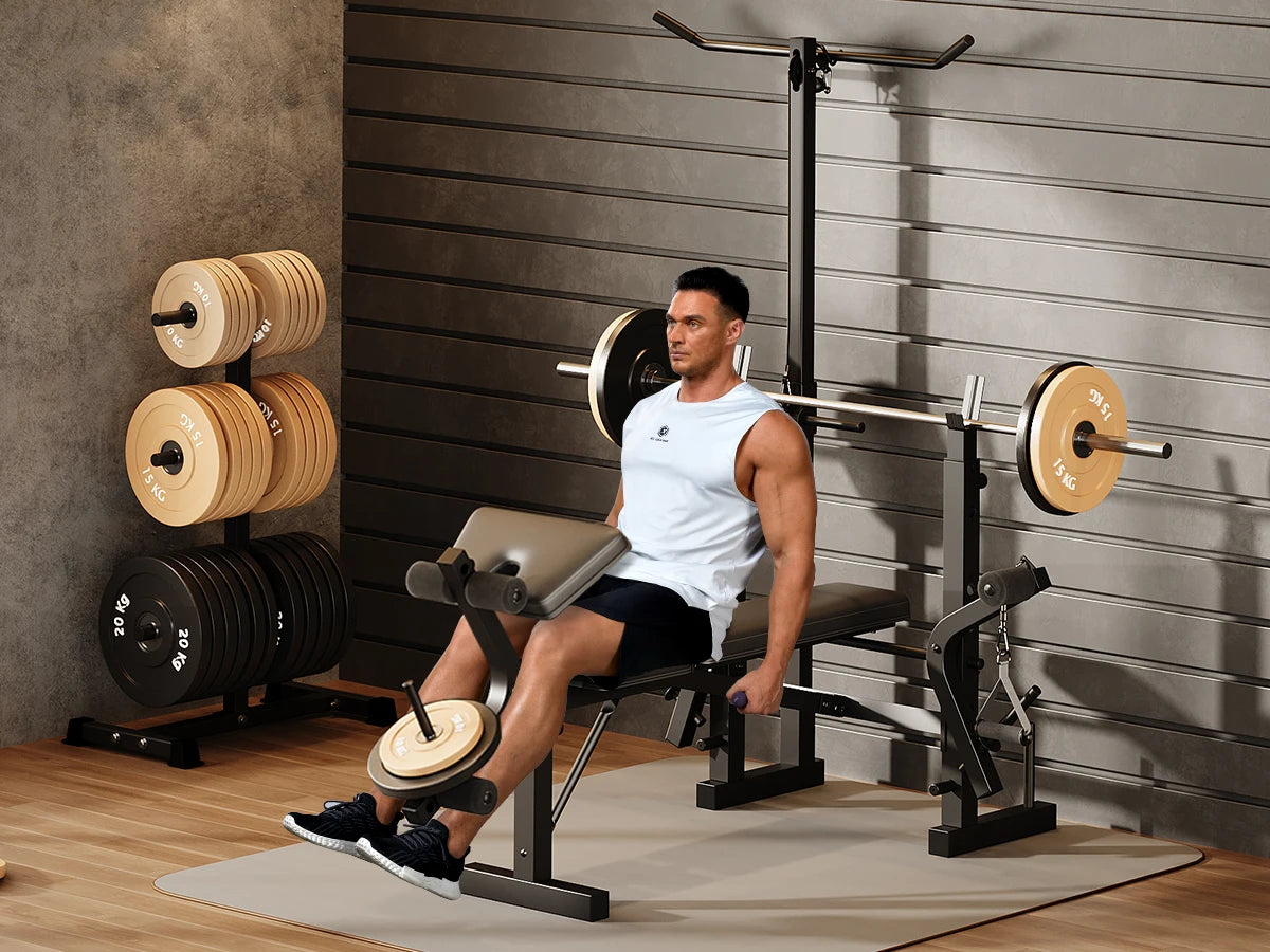Adjustable 4 in 1 Weight Bench Set with Leg Developer Barbell Rack Butterfly Arm Preacher Foldable Workout Bench for Home Gym