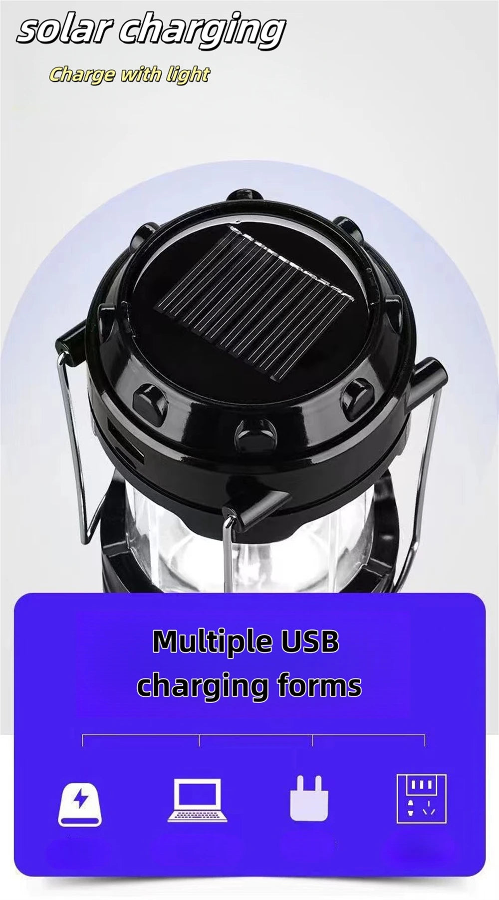 Solar Camping Lamp Portable Telescopic USB Rechargeable Lantern Flashlight Emergency Hanging Lamp Waterproof Outdoor Light