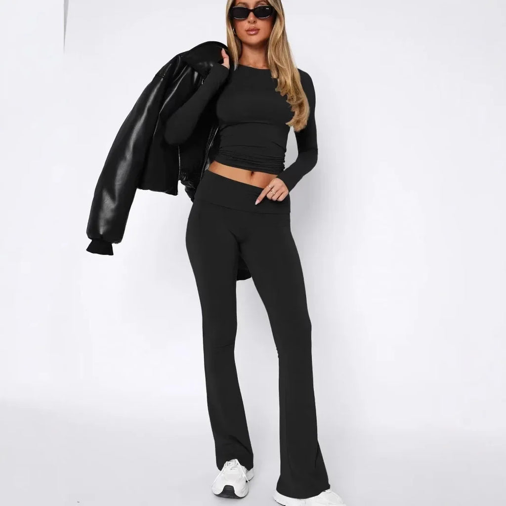 Women’s Long Sleeve Top and Flared Pants Set Fashionable Stylish Polyester Fiber