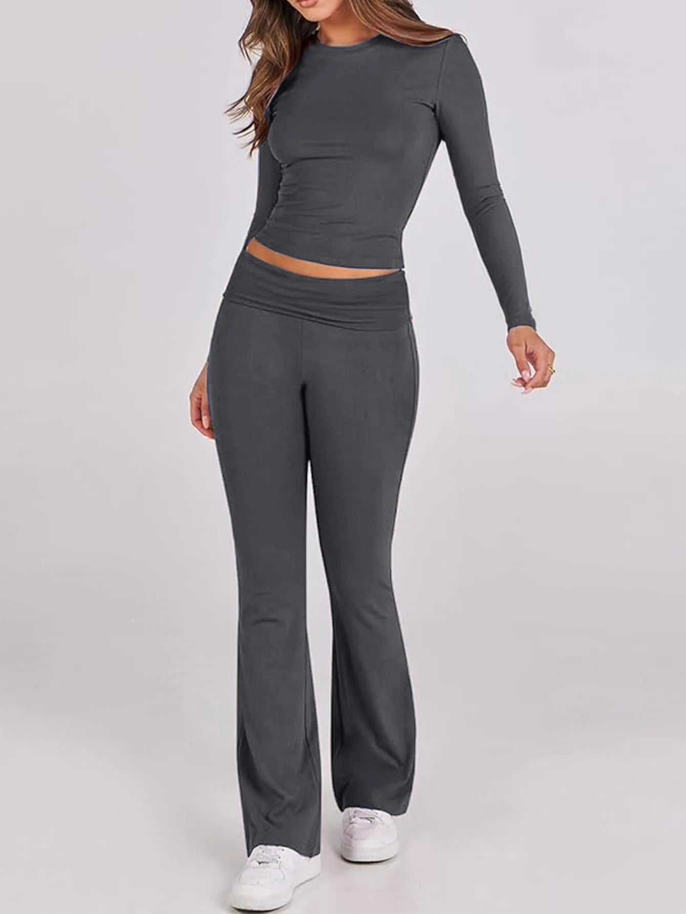 Women’s Casual Long Sleeve Knitted Pants Set Pure Color Slim Fit Spring Summer Fashionable Commute Style Ladies Suit