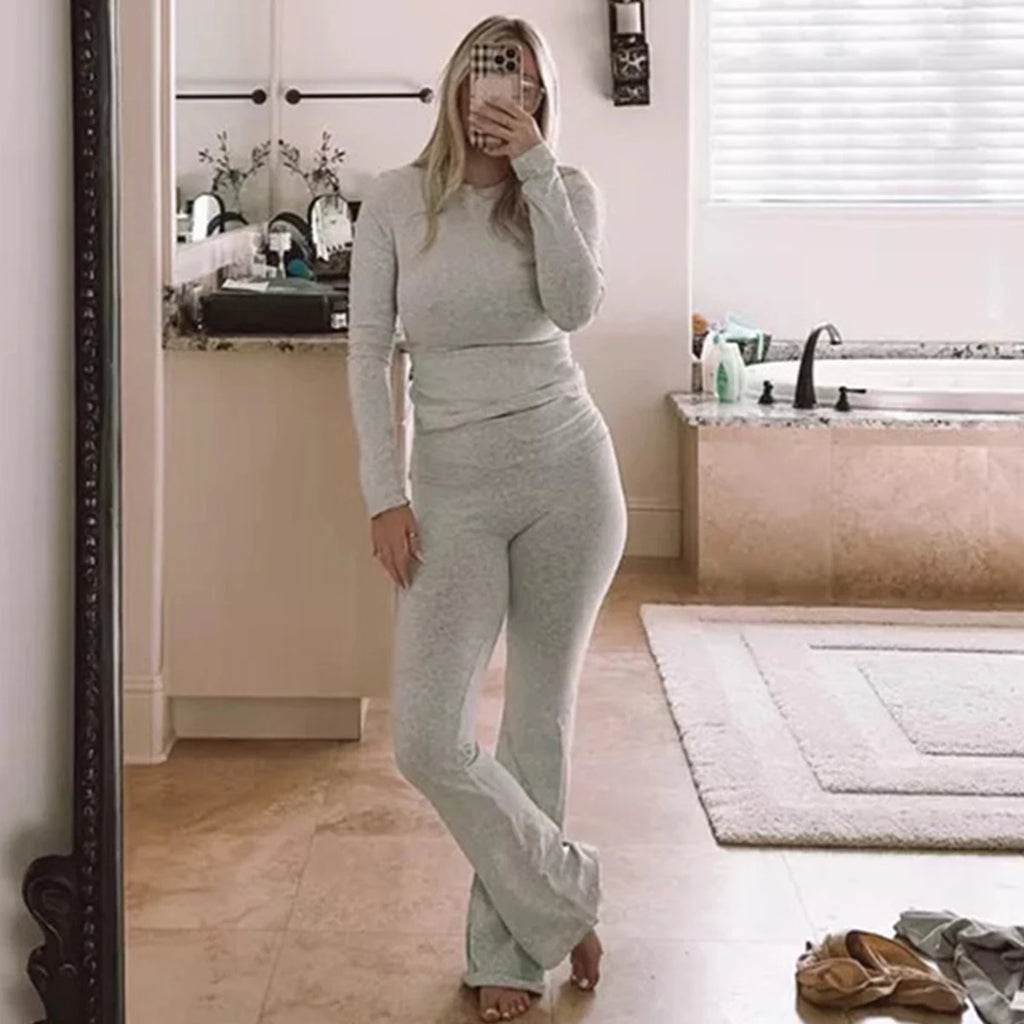 Women’s 2 Piece Lounge Set Fold Over Flare Pants and Cropped Top Slim Fit Casual Pajama Outfit