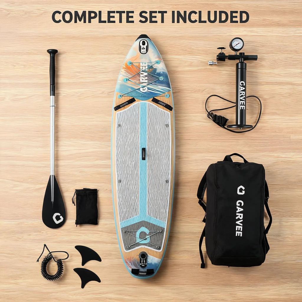 Inflatable Stand Up Paddle Board with Stable Non‑Slip EVA Deck, Gradient Light Wood‑Grain Design, Tri‑Fin System, High Weight Capacity, and Complete Kit with Paddle, Backpack, and Pump