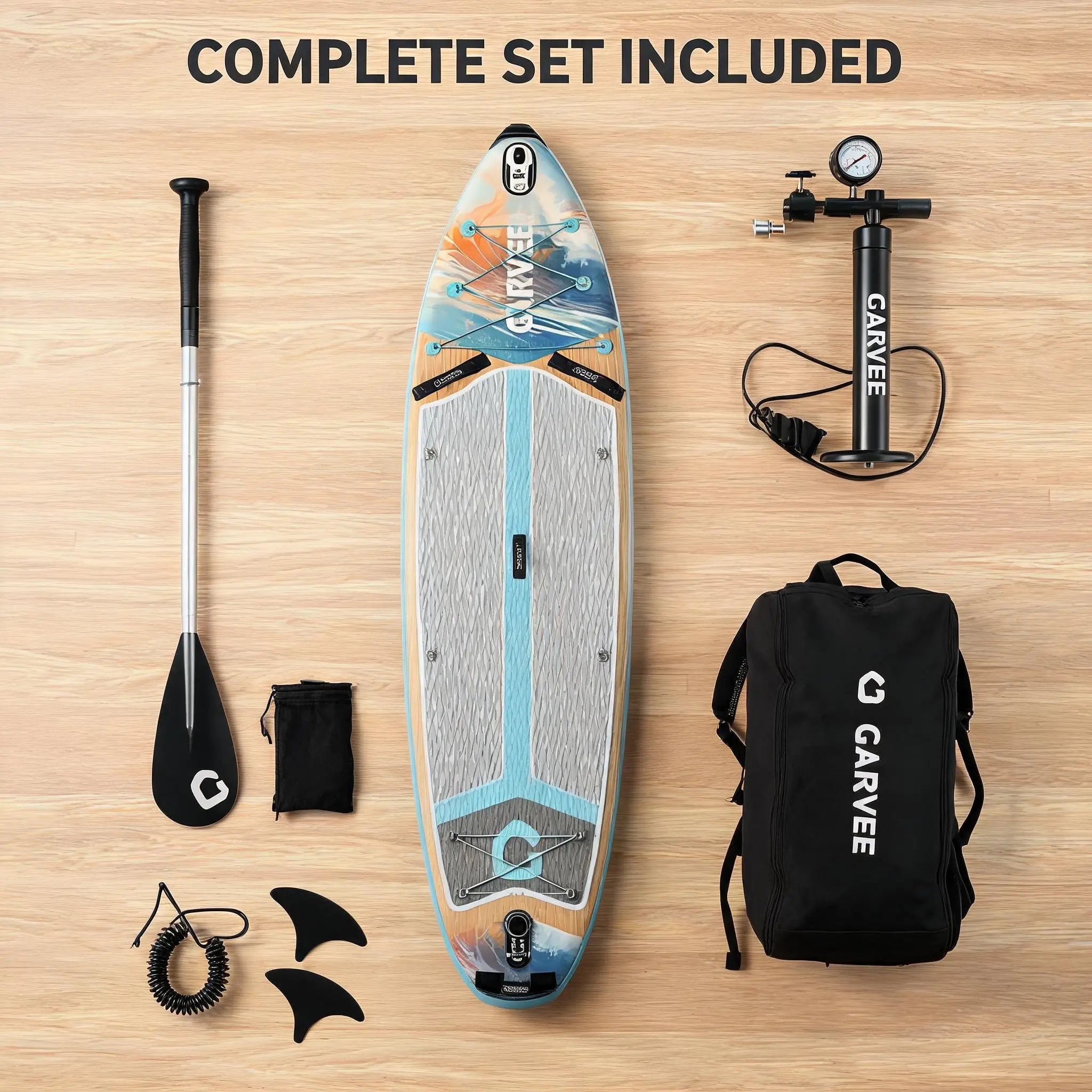 Inflatable Stand Up Paddle Board with Stable Non‑Slip EVA Deck, Gradient Light Wood‑Grain Design, Tri‑Fin System, High Weight Capacity, and Complete Kit with Paddle, Backpack, and Pump