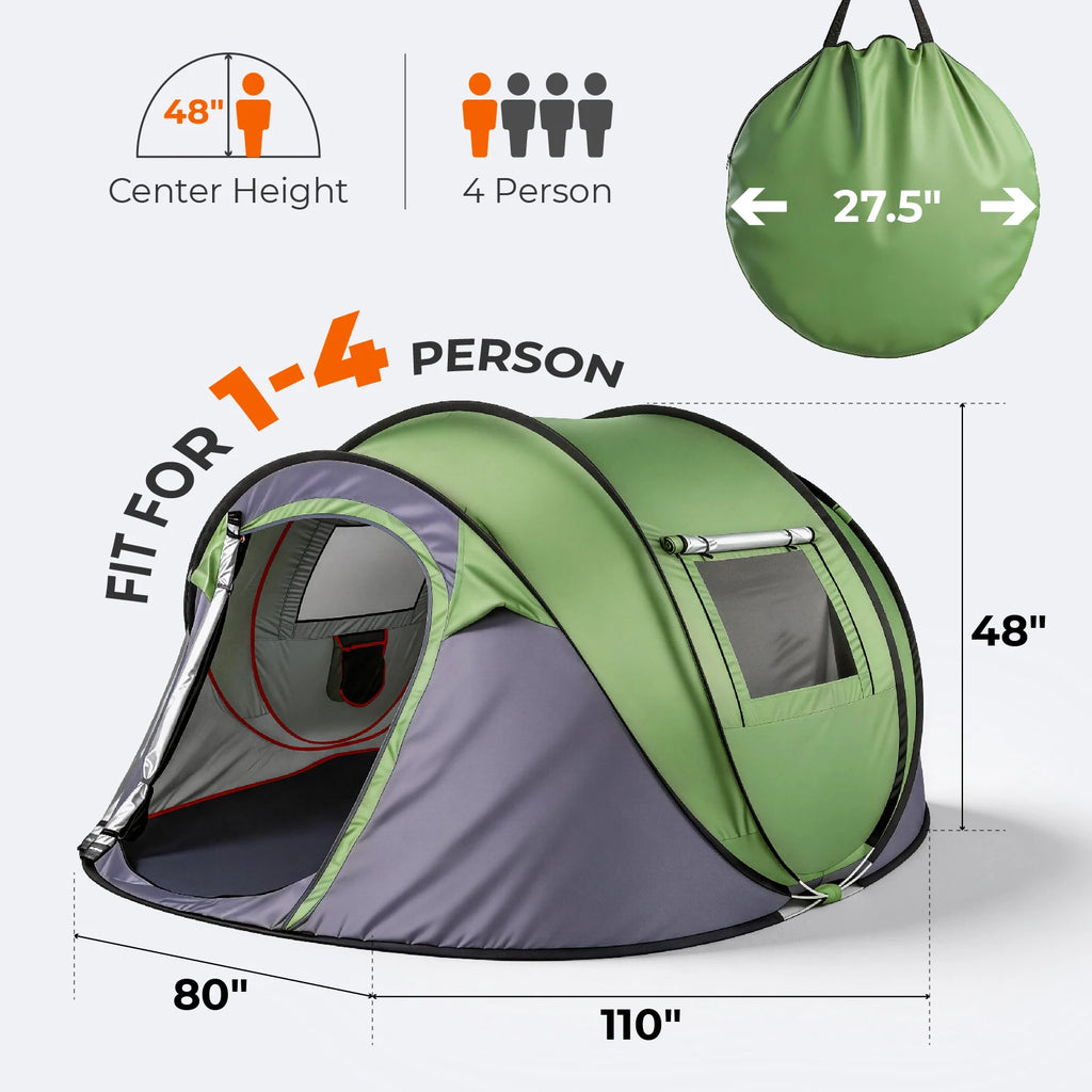 4 Person Pop Up Camping Tent Instant Setup Waterproof Family Tent with Front Awning Automatic Throw Pop Up Tent 280x200x120cm Green Outdoor Hiking Beach Backpacking Tent 3 to 4 People