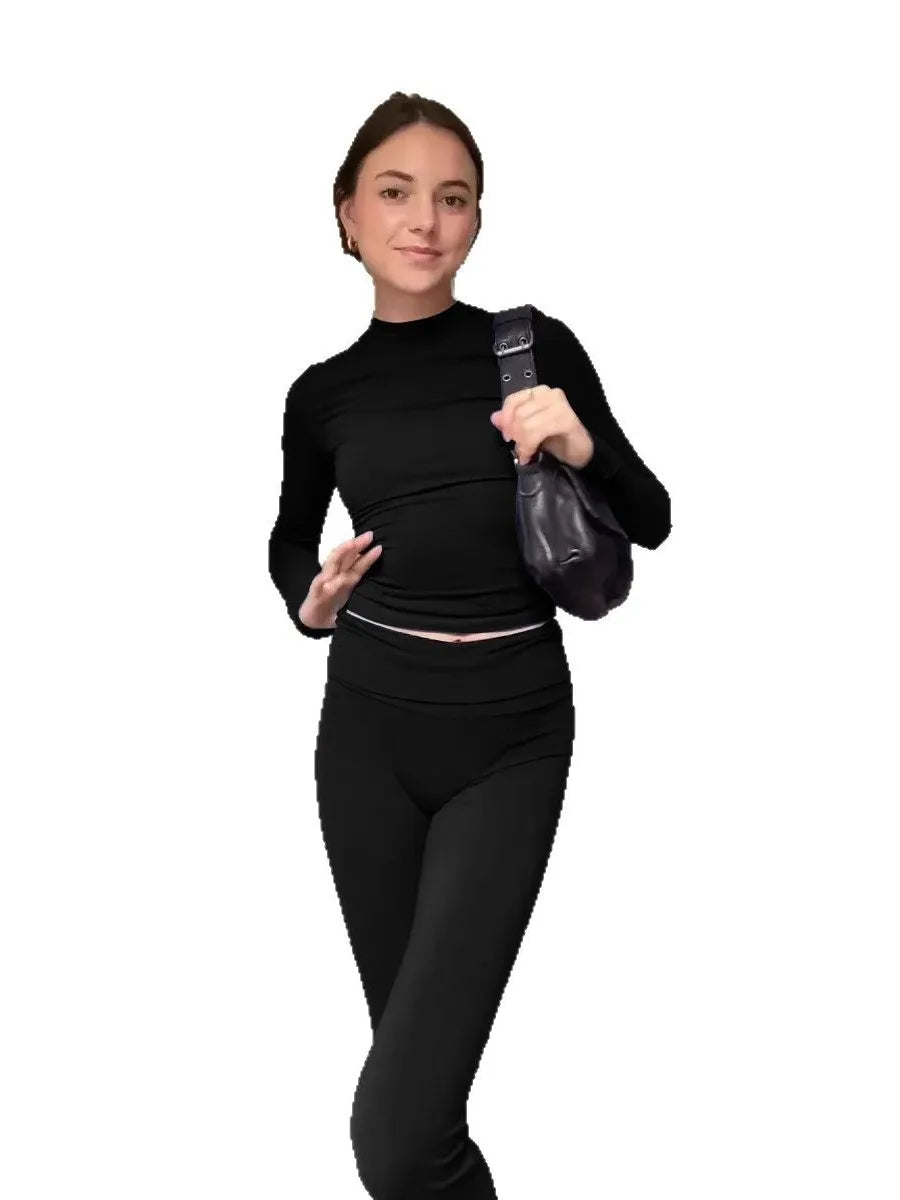 New Women’s Fashion Two‑Piece Set Top and Pants High Waist Long Pants Short or Long Sleeve Round Neck T‑Shirt Spring Autumn Summer