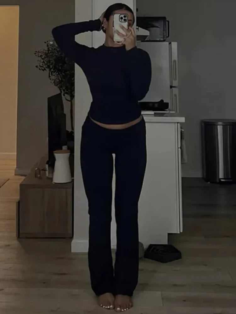 Women’s 2 Piece Lounge Set Fold Over Flare Pants and Cropped Top Slim Fit Casual Pajama Outfit
