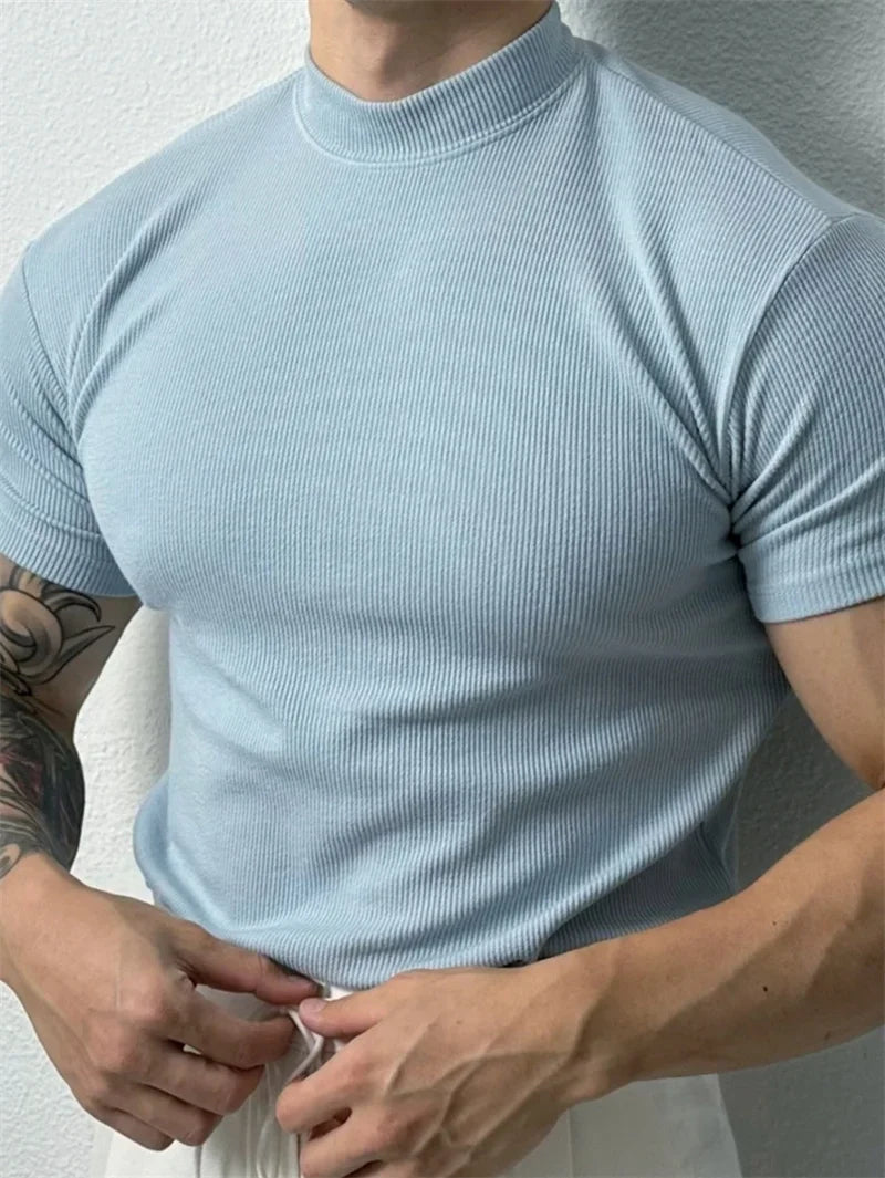 Mens Small High Collar Stripe T Shirt Short Sleeve Fitness Top Casual Sport T Shirt
