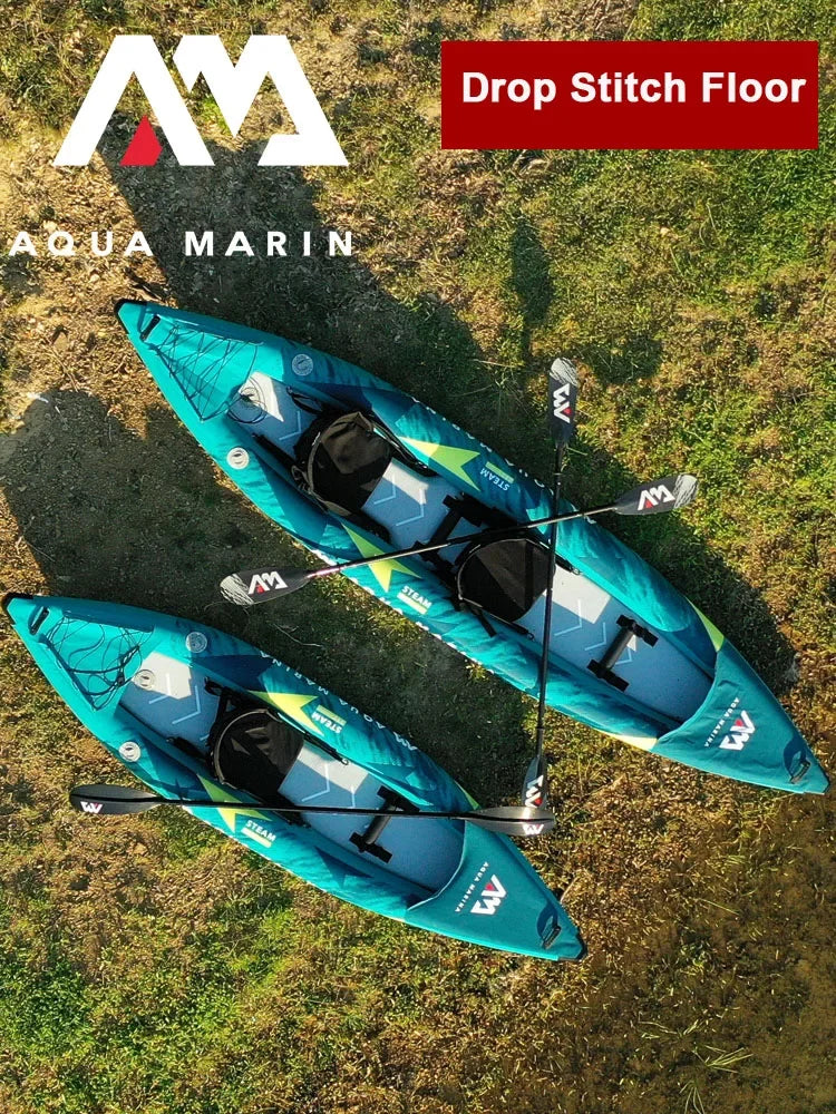 STEAM Aqua Marina Kayak 2025 Upgraded Printing Pattern Reinforced PVC Drop‑Stitch Floor V‑Shape Keel High‑Back Seat Fins and Footrest, Single or Tandem
