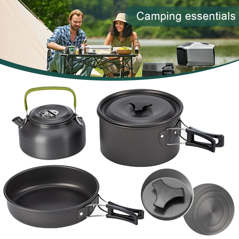 3PCS Camping Cookware Set Pot Pan Kettle Set Portable Cooker for 2 to 3 People with Mesh Bag for Camping Backpacking Outdoor Picnic