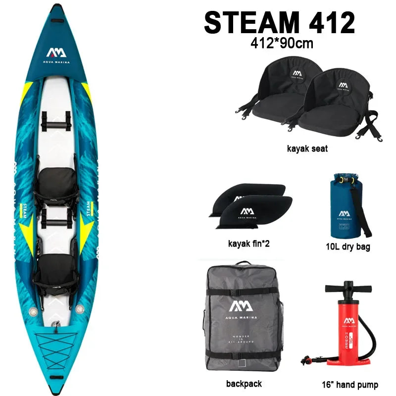 STEAM Aqua Marina Kayak 2025 Upgraded Printing Pattern Reinforced PVC Drop‑Stitch Floor V‑Shape Keel High‑Back Seat Fins and Footrest, Single or Tandem