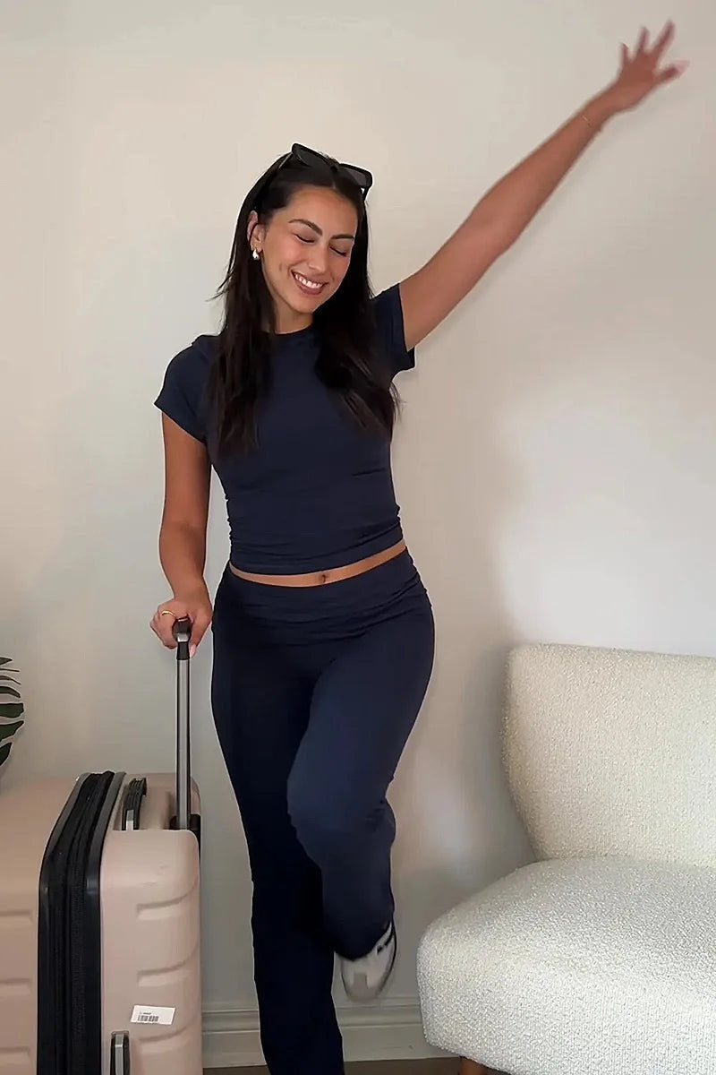 Women’s 2 Piece Lounge Set Fold Over Flare Pants and Cropped Top Slim Fit Casual Pajama Outfit