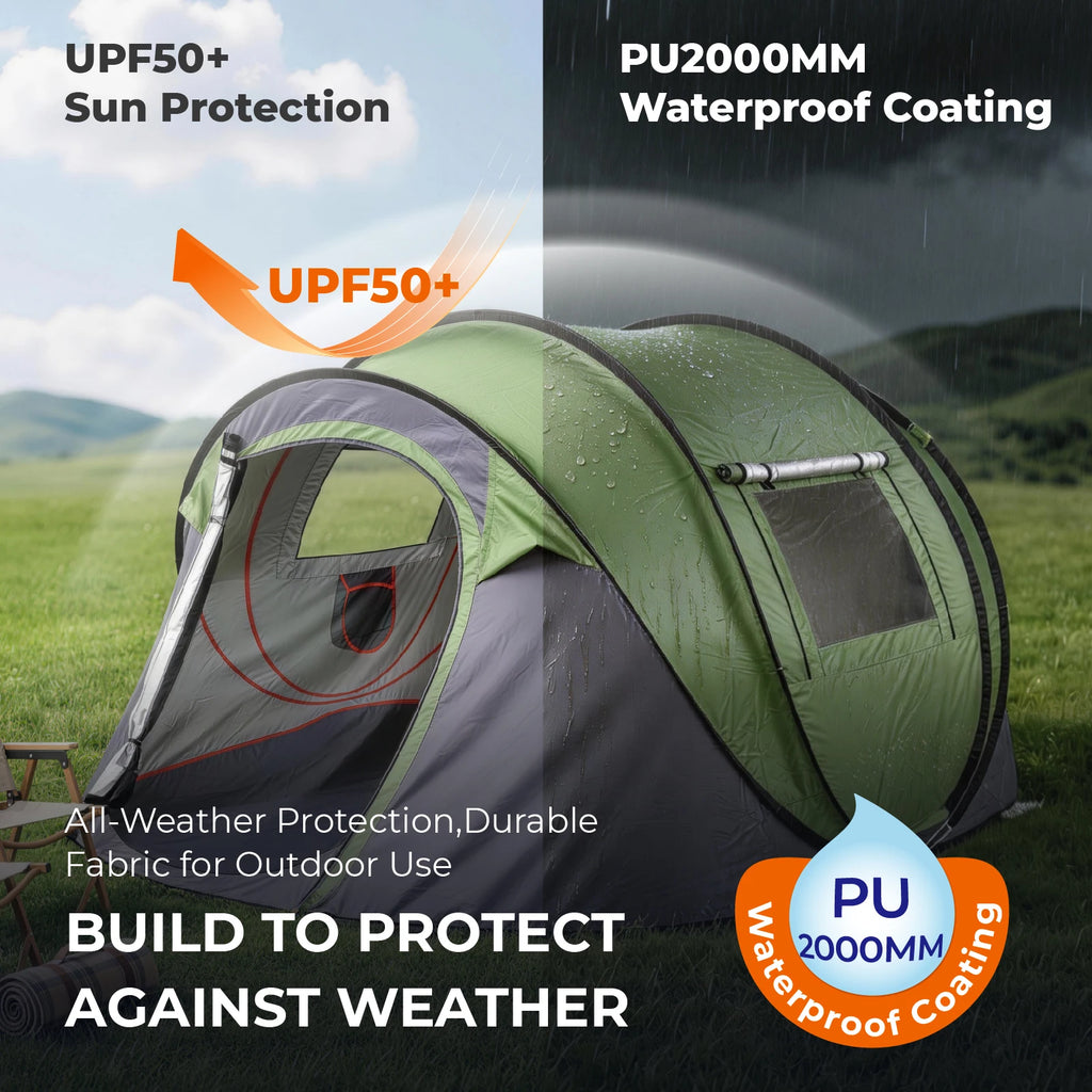 4 Person Pop Up Camping Tent Instant Setup Waterproof Family Tent with Front Awning Automatic Throw Pop Up Tent 280x200x120cm Green Outdoor Hiking Beach Backpacking Tent 3 to 4 People