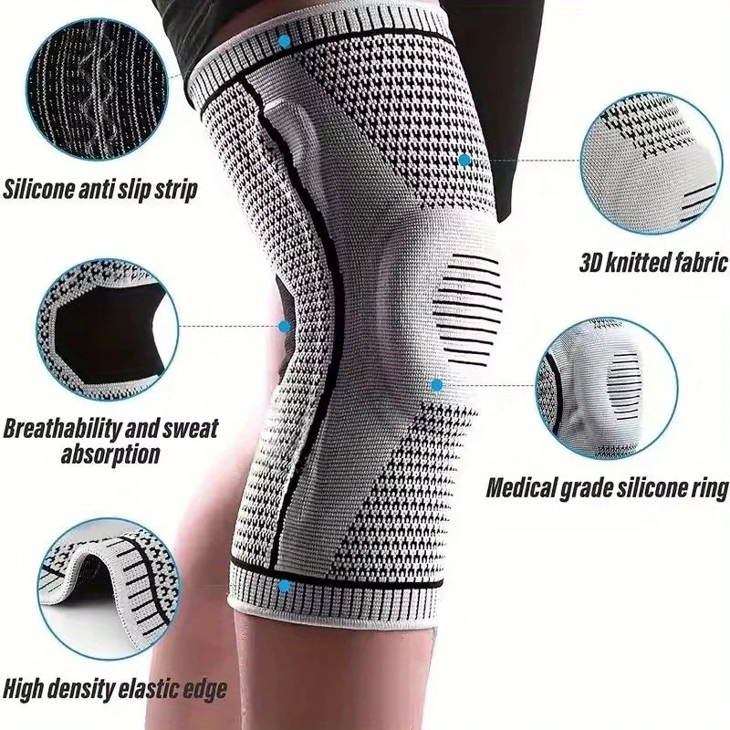 Non Slip Knee Support Brace Pad Stabilizers Comfort Elastic Knee Braces Fit Compression Sleeve for Arthritis Sports Grey