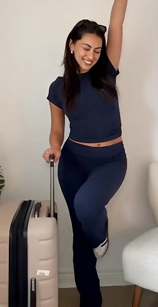 Womens Two-Piece Yoga Set, Short-Sleeved Top, Flared Pants