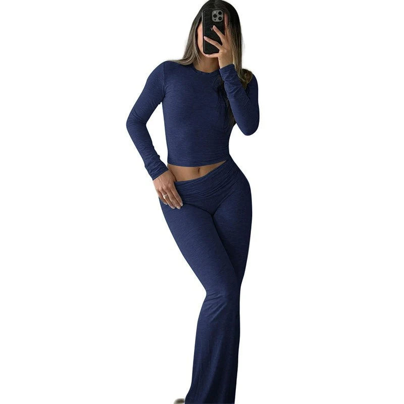 Autumn New Round Neck Short Fit Long Sleeve T Shirt Mildly Spicy Pants Casual Sports Yoga Two Piece Set Women’s Fashion