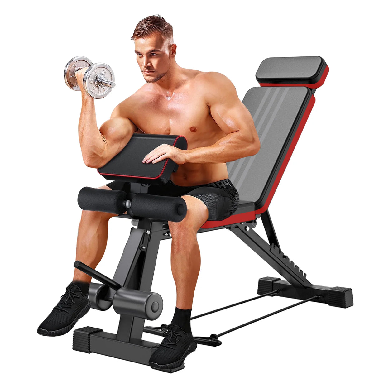 7 Level Foldable Weight Bench with Adjustable Leg Extension and Extended Headrest designed for Dumbbell Training and Full Body Strength Work