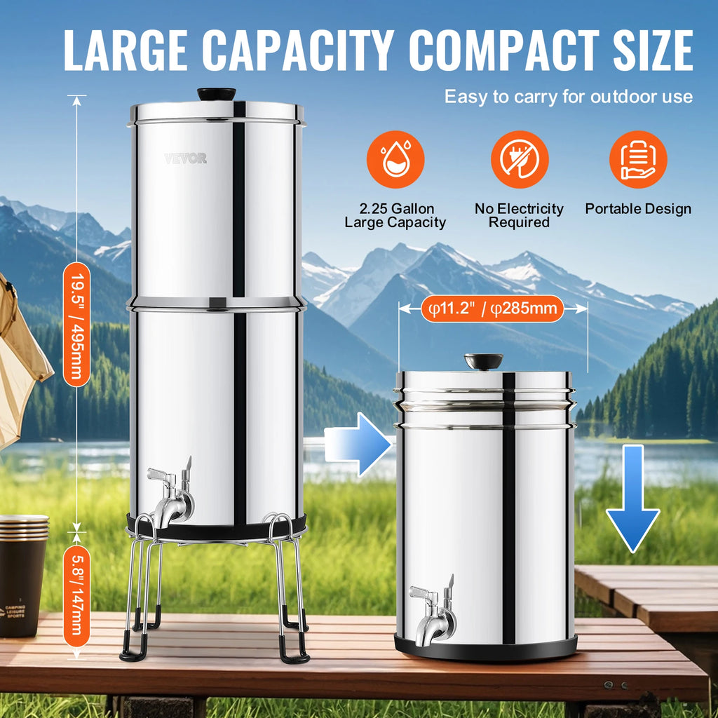 Gravity‑Fed Water Filter System 2.25G 304 Stainless Steel Countertop Water Filtration System with 2 Carbon Filters