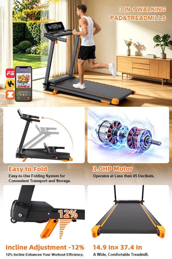 Quiet 3 in 1 Foldable Walking Pad Treadmill with 12 Percent Incline for Home 12 Preprogrammed HIIT Modes Supports up to 300 LBS Smart Treadmill with LED Display Heart Rate Sensor Bluetooth Speaker and App Connection