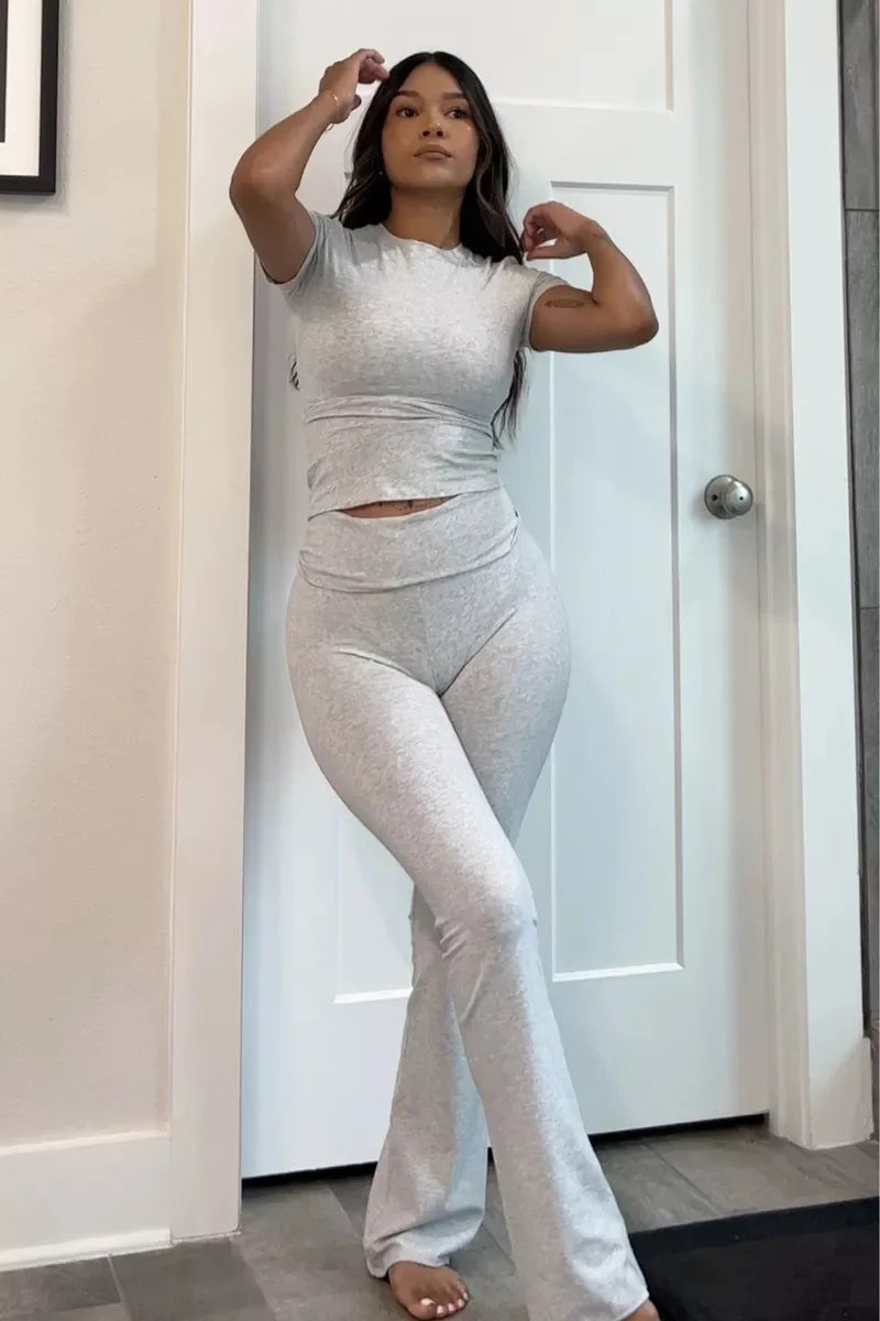 Women’s 2 Piece Lounge Set Fold Over Flare Pants and Cropped Top Slim Fit Casual Pajama Outfit