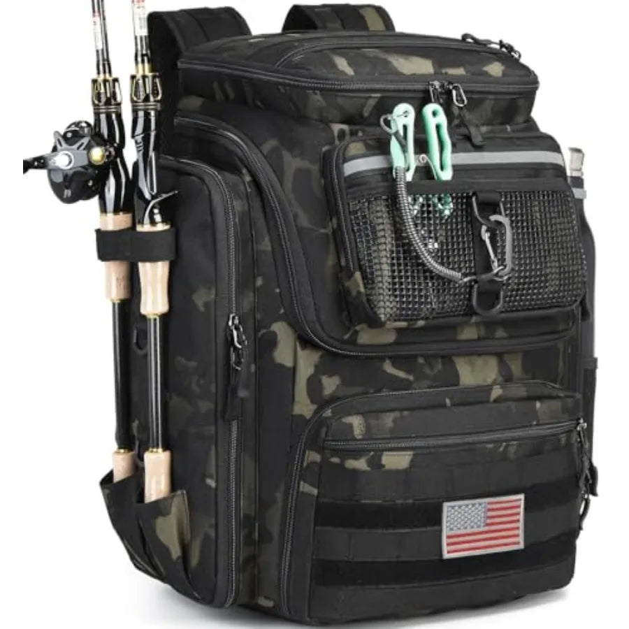 Fishing Backpack 45L Water Resistant Gear Bag with Rod Holders and Large Capacity for Travel and Outdoor Use