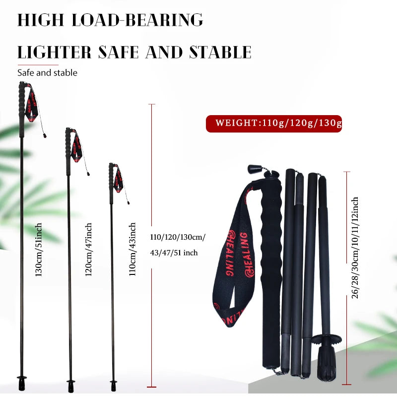 2PC Carbon Fiber Foldable 5 Section Ultra Light 110g Trekking Poles Fixed Length 110 120 130cm Walking Canes for Hiking Camping City Running Travel Lightweight Portable Gear