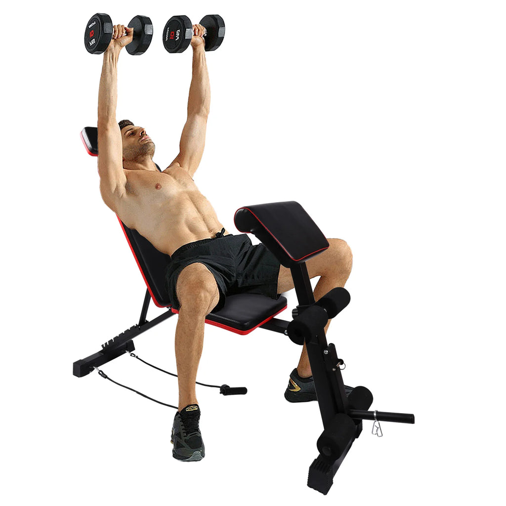 7 Level Foldable Weight Bench with Adjustable Leg Extension and Extended Headrest designed for Dumbbell Training and Full Body Strength Work