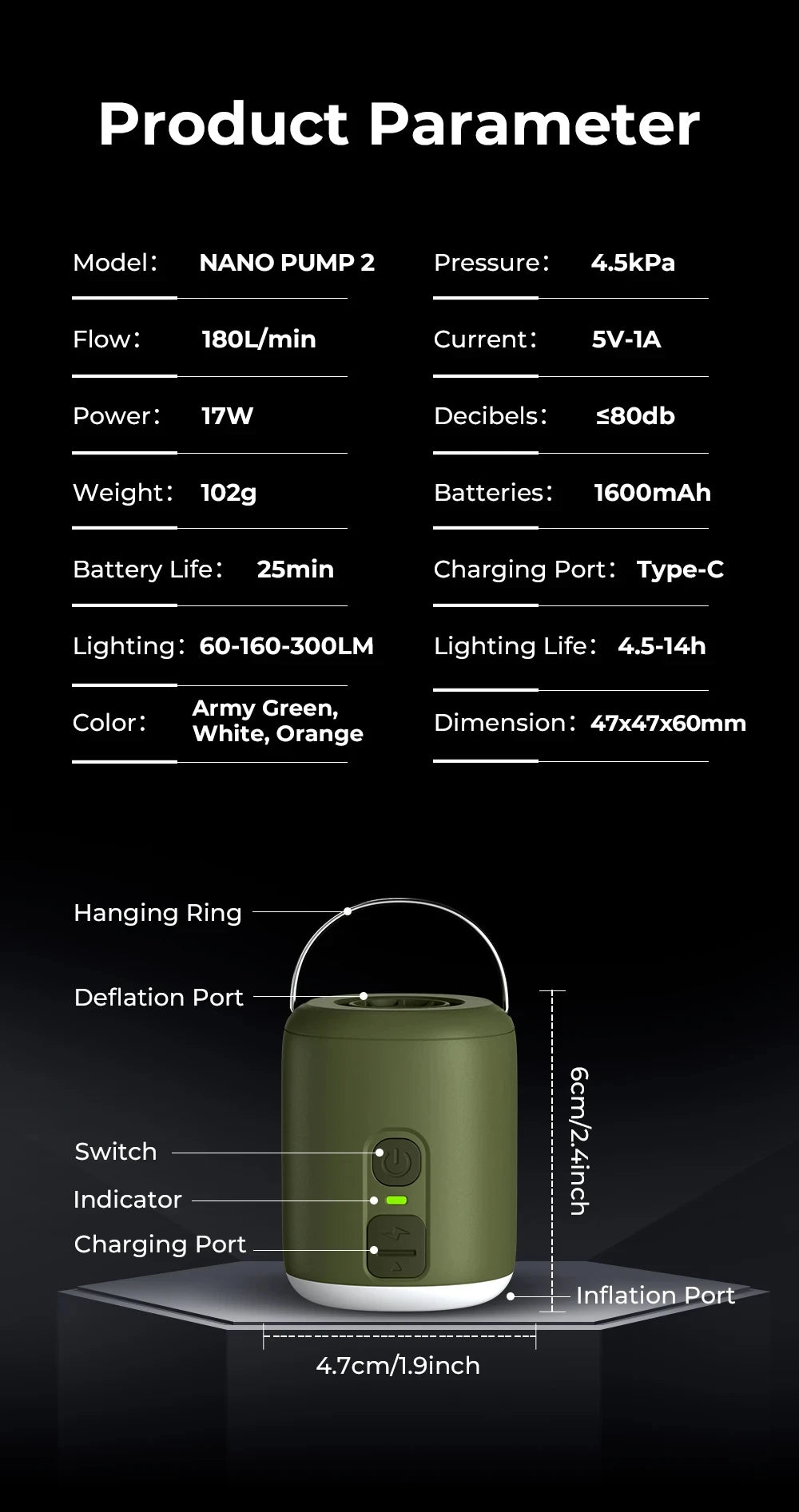 Air Pump with Camping Lantern for Inflatable Air Mattress/Sleeping Pads