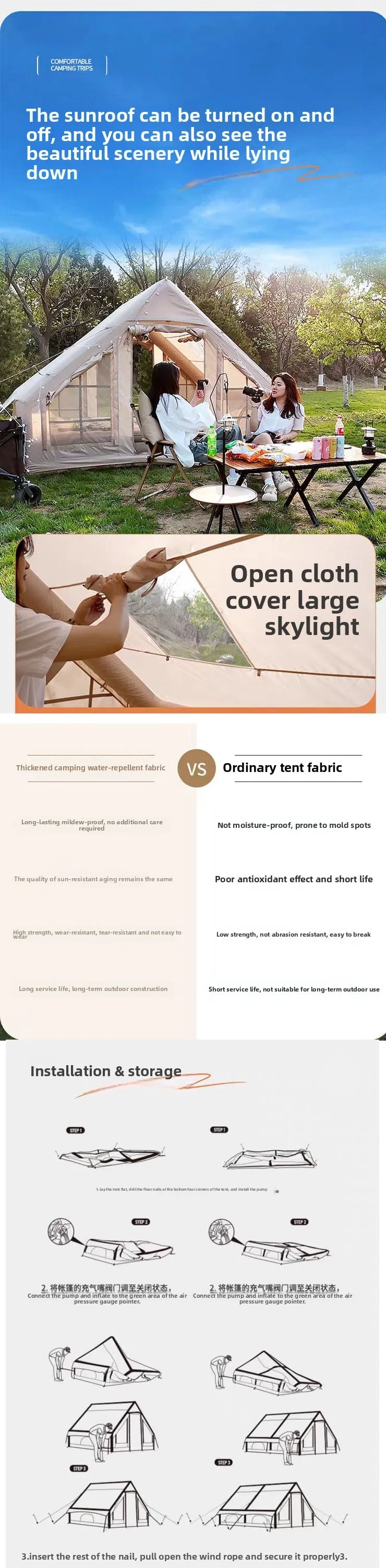 Inflatable Tent With Skylight and Chimney