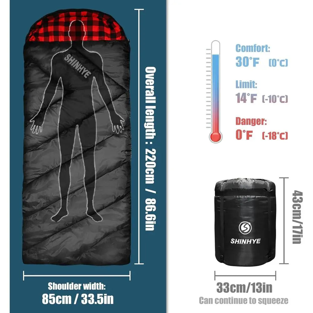 Cotton Flannel 4‑Season XXL Adult Sleeping Bag for Cold‑Weather Camping with Compression Sack