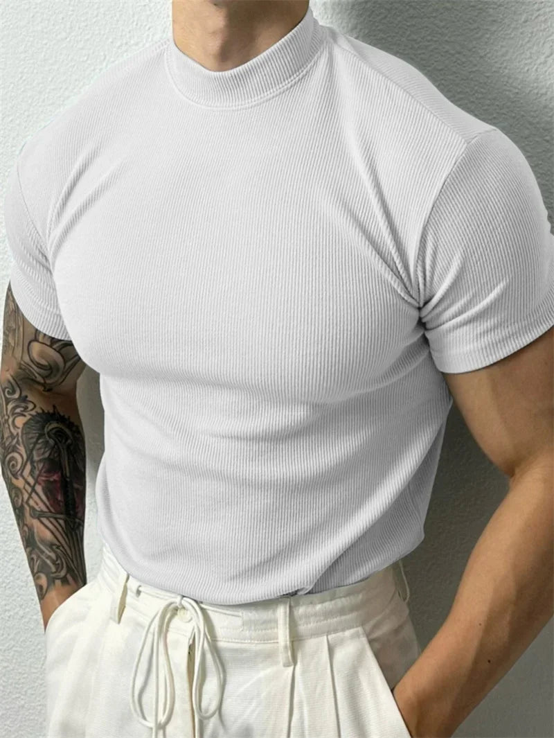 Mens Small High Collar Stripe T Shirt Short Sleeve Fitness Top Casual Sport T Shirt
