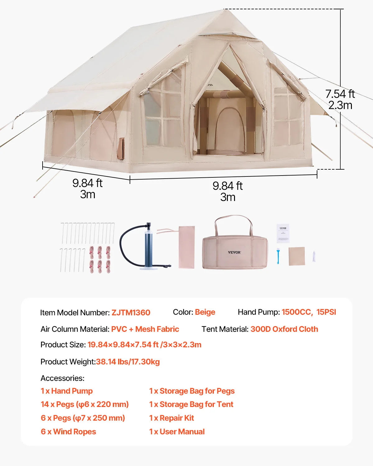Inflatable Tent for Camp Easy Setup Blow Up Tent with Hand Pump 300D Oxford Tent with Stove Jack and Storage Bag Included