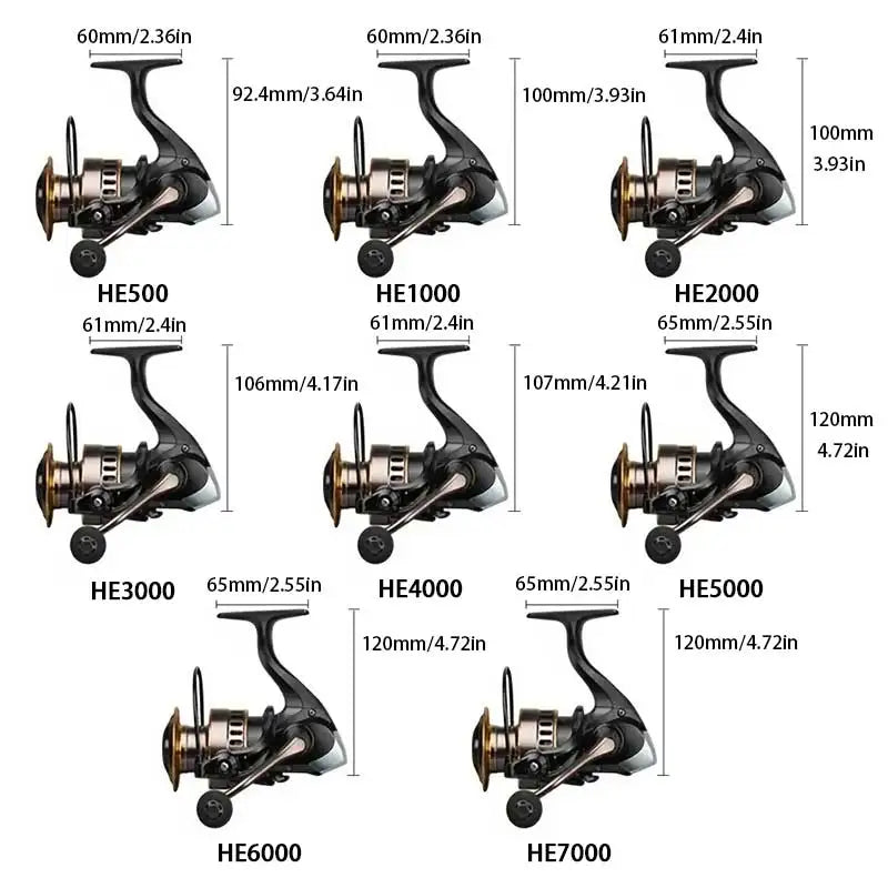 Two‑Hand Rotating Fishing Reel HE1000–7000 Series, 5.2:1 Gear Ratio, 22.05 lb Drag, Smooth Aluminum Alloy Body, Left/Right Hand Convertible, Suitable for Freshwater and Saltwater