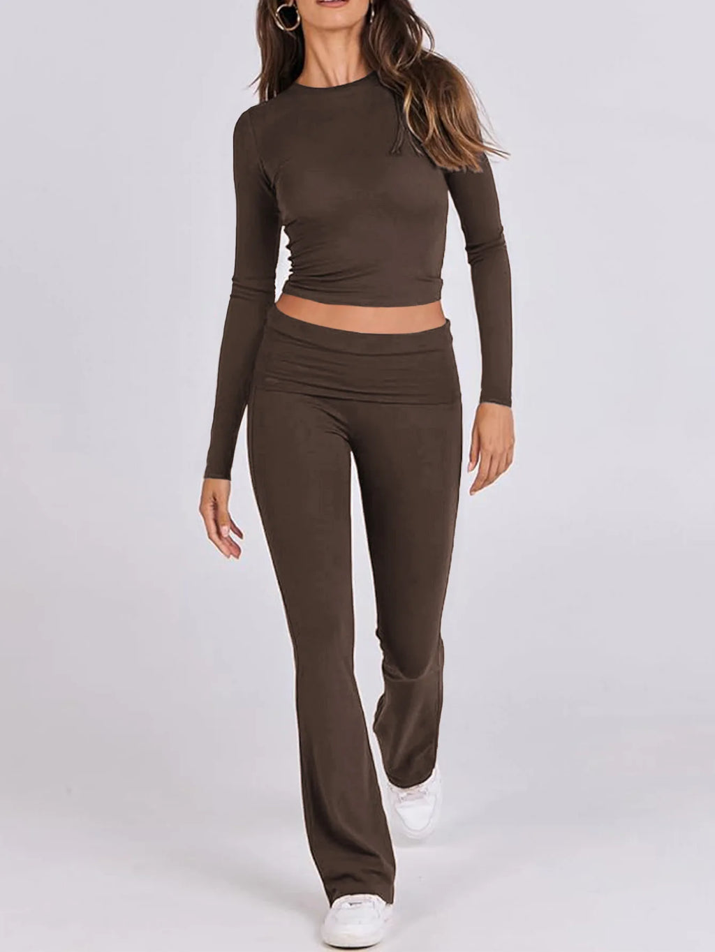 Women’s Casual Long Sleeve Knitted Pants Set Pure Color Slim Fit Spring Summer Fashionable Commute Style Ladies Suit