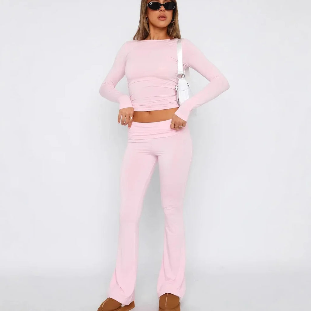 Women’s Long Sleeve Top and Flared Pants Set Fashionable Stylish Polyester Fiber
