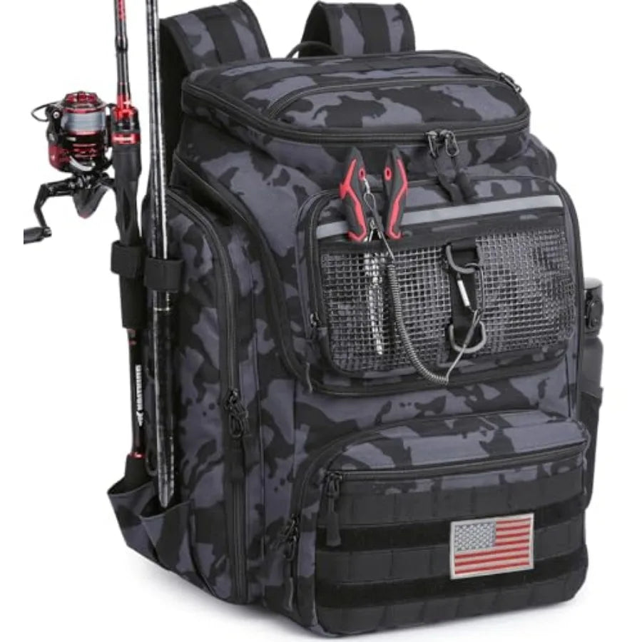 Fishing Backpack 45L Water Resistant Gear Bag with Rod Holders and Large Capacity for Travel and Outdoor Use