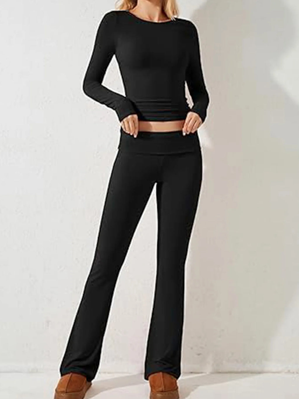 Women’s Casual Long Sleeve Knitted Pants Set Pure Color Slim Fit Spring Summer Fashionable Commute Style Ladies Suit