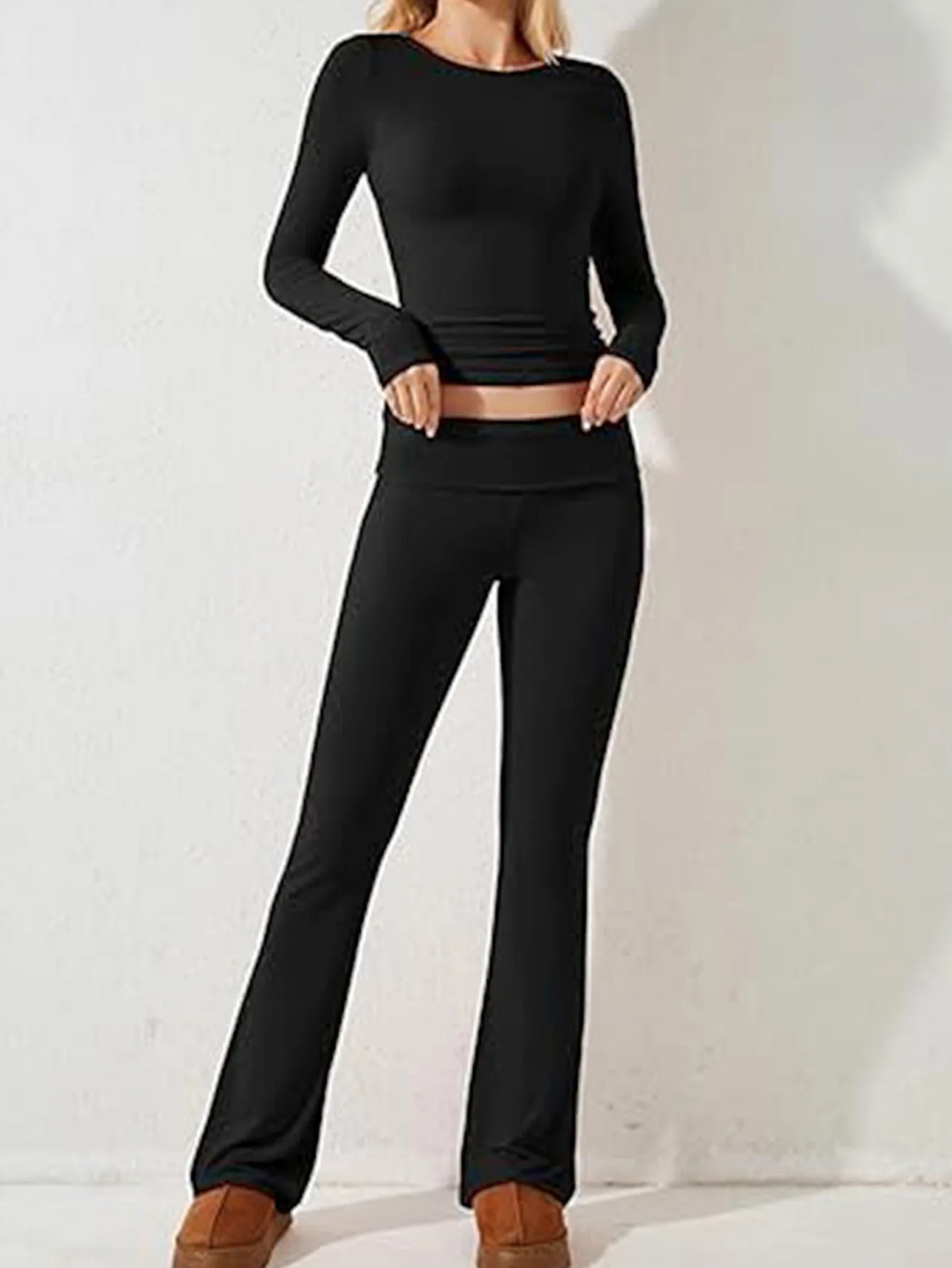 Women’s Casual Long Sleeve Knitted Pants Set Pure Color Slim Fit Spring Summer Fashionable Commute Style Ladies Suit