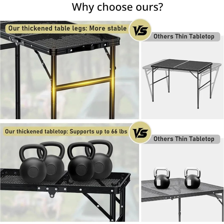 3ft Trifold Grill Table with 2 Adjustable Heights up to 29.5 Sturdy Metal Heat Resistant Tabletop and Portable Carry Handle