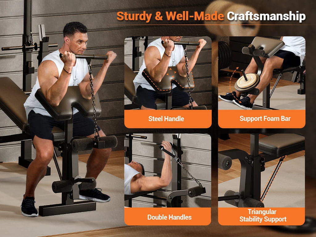 Adjustable 4 in 1 Weight Bench Set with Leg Developer Barbell Rack Butterfly Arm Preacher Foldable Workout Bench for Home Gym