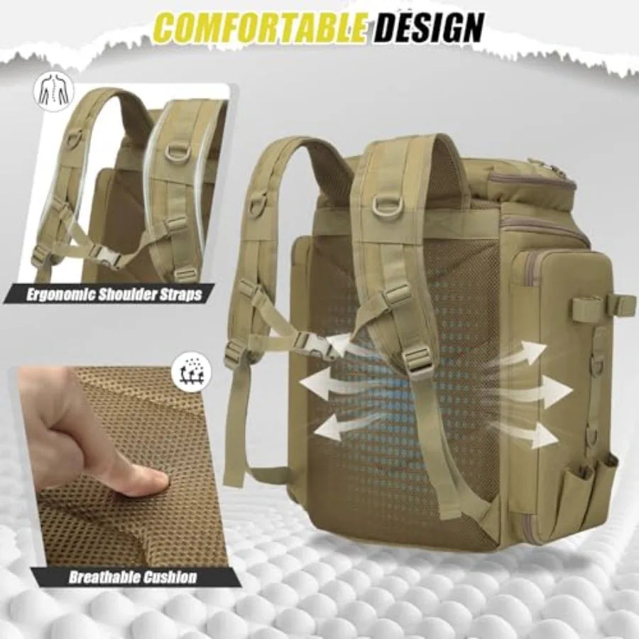 Fishing Backpack 45L Water Resistant Gear Bag with Rod Holders and Large Capacity for Travel and Outdoor Use