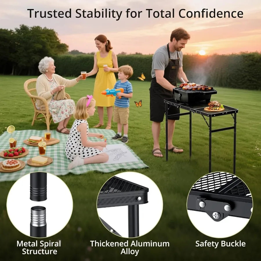 3ft Trifold Grill Table with 2 Adjustable Heights up to 29.5 Sturdy Metal Heat Resistant Tabletop and Portable Carry Handle
