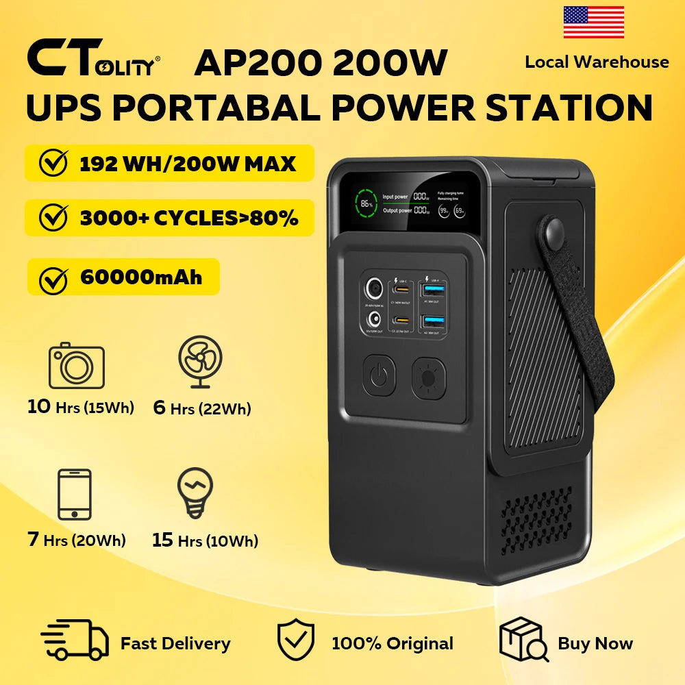CTOLITY AP200 Portable Power Station 200W 192Wh 60000mAh LiFePO4 Energy Storage with Solar Charging Capability