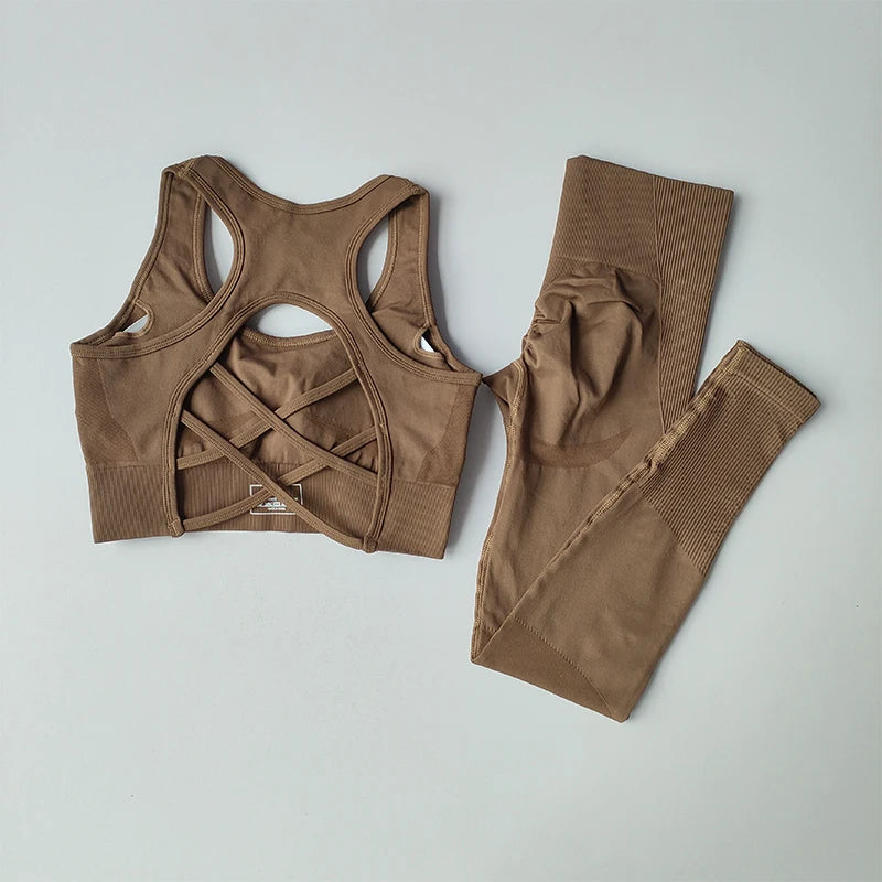 2PCS Sports Bra Women Set Professional Fitness Tank Top Bra Shockproof Running Leggings Yoga Suit Beautiful Back Bra Clothing